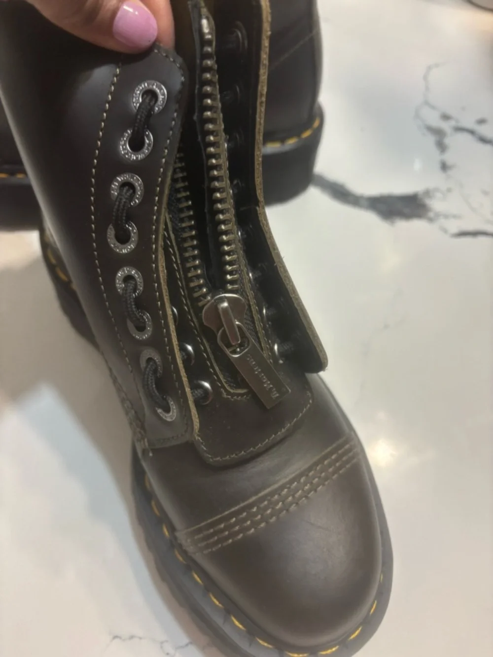 Dr. Martens Black Leather Front-Zip Lace-Up Boots with Yellow Stitching - Picture 6 of 7